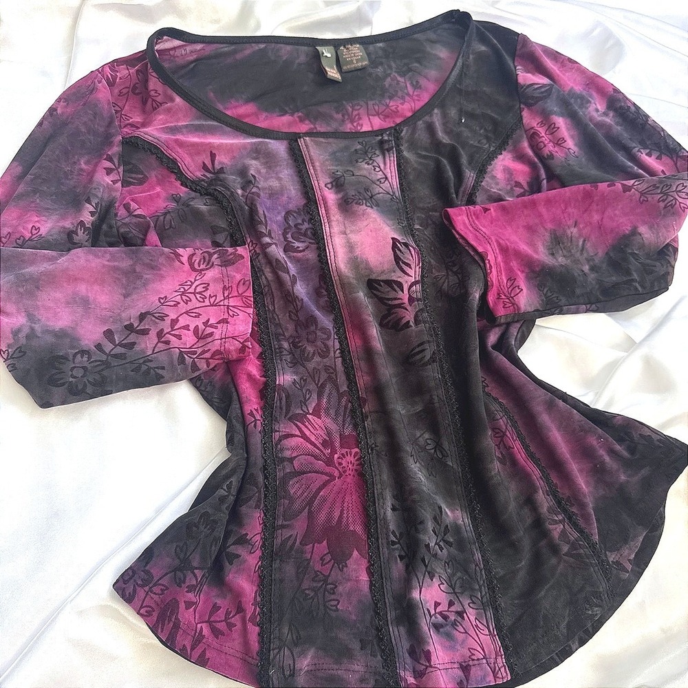 Serenade New York Mesh Top Purple Black Tie Dye Floral Lace Trim Sleeve Small